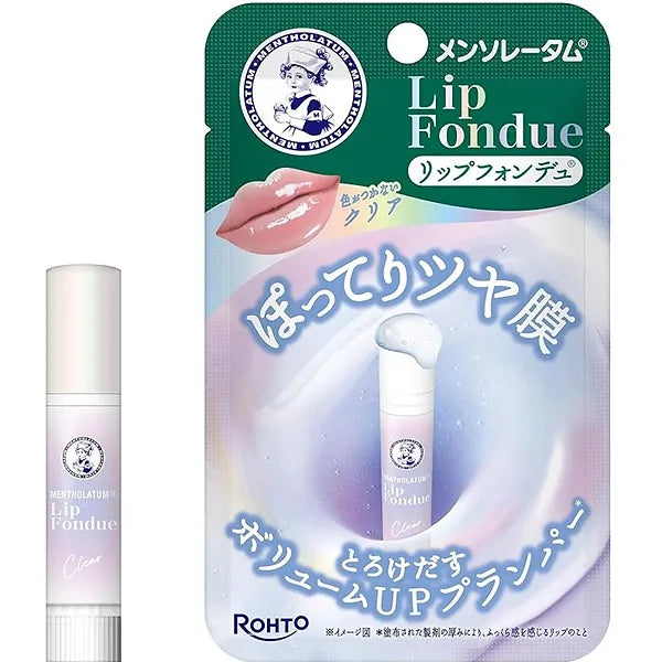 Mentholatum Lip Fondue Clear is a lip plumper with a smooth, fondue-like texture that melts instantly onto the lips, creating a high-shine glossy coating. 