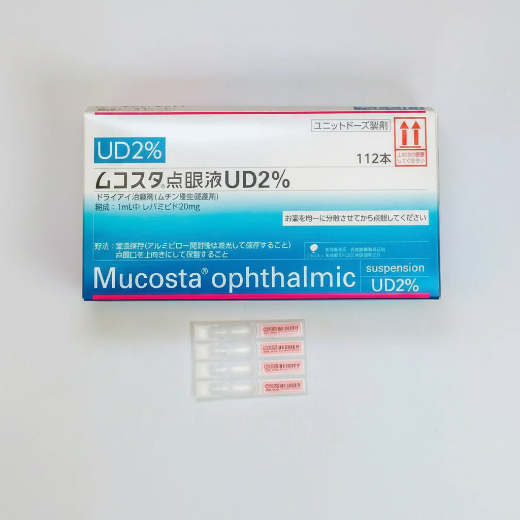Mucosta Ophthalmic Suspension UD 2% is a prescription eye drop formulated with Rebamipide, a mucin-enhancing ingredient designed to treat dry eye syndrome and protect the ocular surface. 