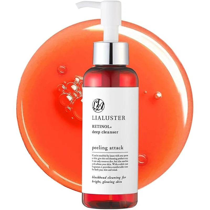 LIALUSTER Retinol Deep Cleanser “Peeling Attack” is an advanced Japanese foaming cleanser formulated with stable Retinol (Retinyl Palmitate), AHA (fruit acids), and BHA (salicylic acid) to deeply cleanse pores and gently exfoliate.