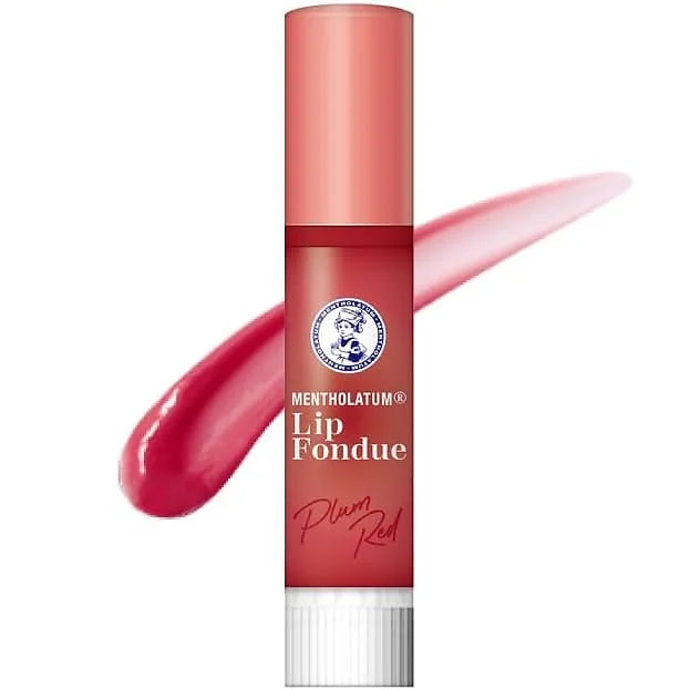 Mentholatum Lip Fondue Plum Red is a glossy lip balm that melts smoothly onto the lips, creating a rich, plump-looking finish with long-lasting moisture.