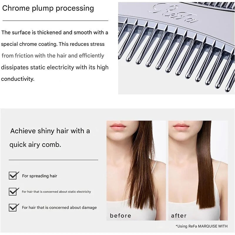 ReFa MARQUISE Deep Comb – Wide-Tooth Chrome Hair Comb for Gentle Styling