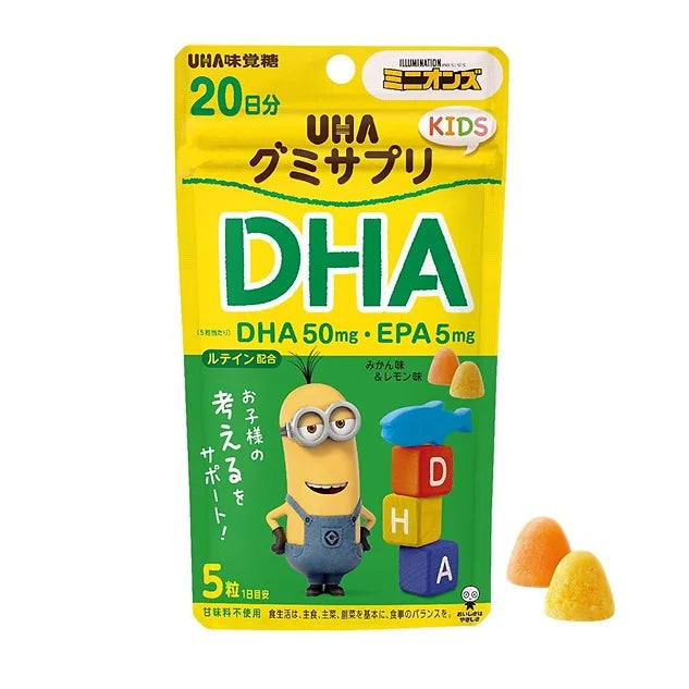 UHA Gummy Supplement KIDS Minions (DHA) is a Japanese gummy-type dietary supplement designed to support children’s growth and development, with a focus on Omega-3 (DHA) intake.