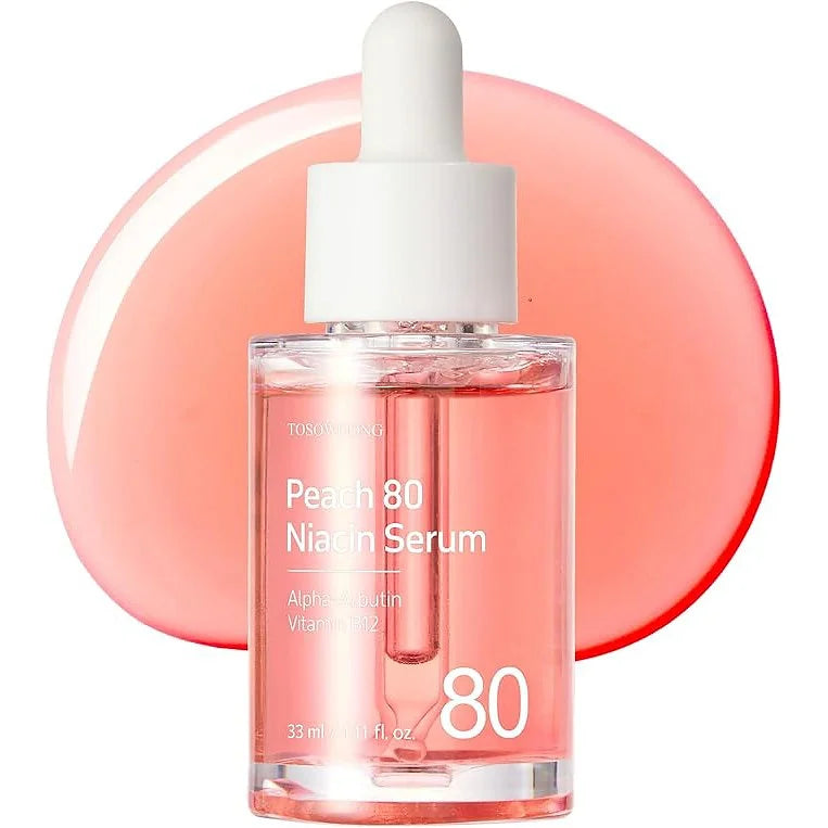 Brighten and hydrate your skin with Peach 80 Niacin Serum from TOSOWOONG.