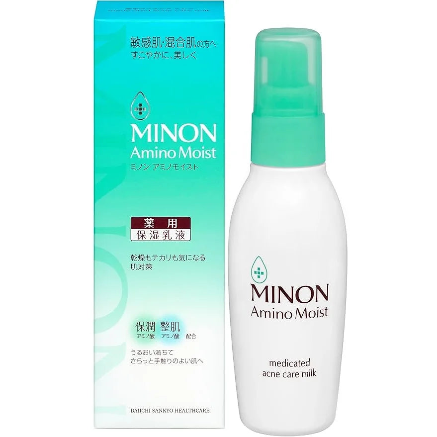 Minon Amino Moist Medicated Acne Care Milk is a gentle, non-sticky emulsion designed to maintain the moisture balance of sensitive and acne-prone skin.