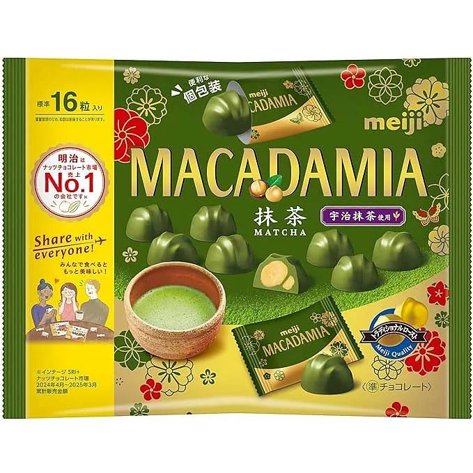 Meiji Macadamia Chocolate Matcha Big Pack combines creamy milk chocolate, crunchy macadamia nuts, and the deep, refined flavor of Uji matcha.