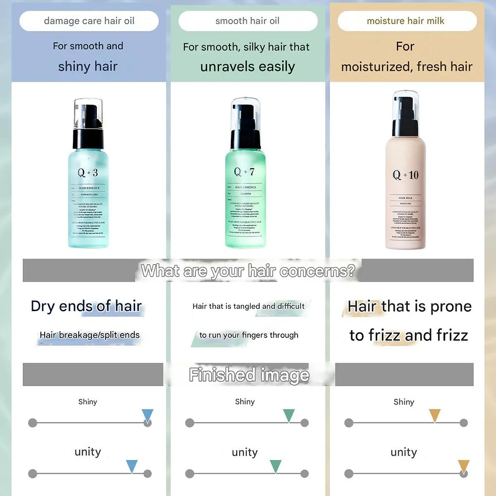 Q+ Hair Oil is a lightweight, non-sticky hair essence designed to smooth hair, control static, and improve overall manageability. 