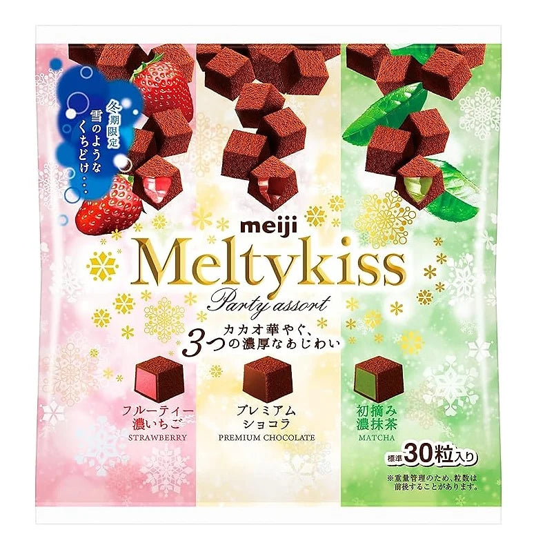 Meiji Meltykiss Party Assorted Bag – 4.3 oz (121 g)Enjoy the luxurious, winter-only Meiji Meltykiss chocolates in a special Party Assort bag featuring three rich flavors: Fruity Strawberry, Premium Chocolate, and Matcha. 