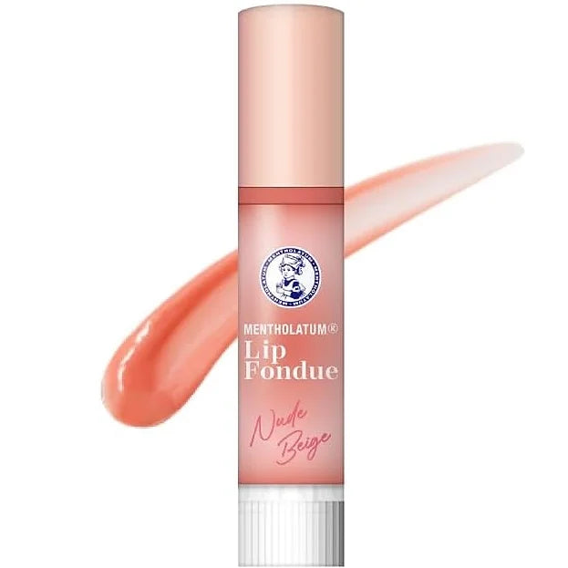 Mentholatum Lip Fondue Nude Beige is a glossy lip balm with a smooth, melting texture that glides effortlessly onto the lips, creating a naturally plump and polished look.