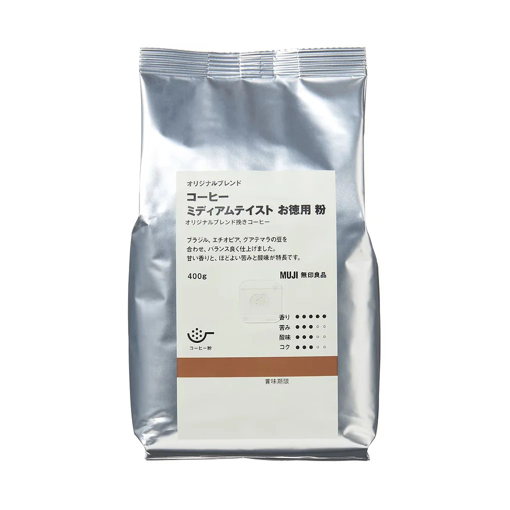MUJI Original Blend Coffee – Medium Taste (Value Pack) is a well-balanced ground coffee created from a carefully selected blend of beans sourced from Brazil, Ethiopia, and Guatemala.