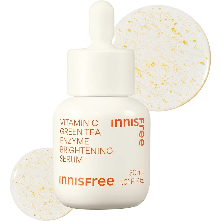 innisfree Vitamin C Green Tea Enzyme Brightening Serum is a lightweight serum designed to brighten dull skin, refine pores, and reveal a radiant, glass-like complexion.