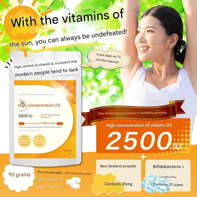 Minori Grain Vitamin D3 + Propolis & Probiotics – 2500 IU, 90 Tablets (30-Day)