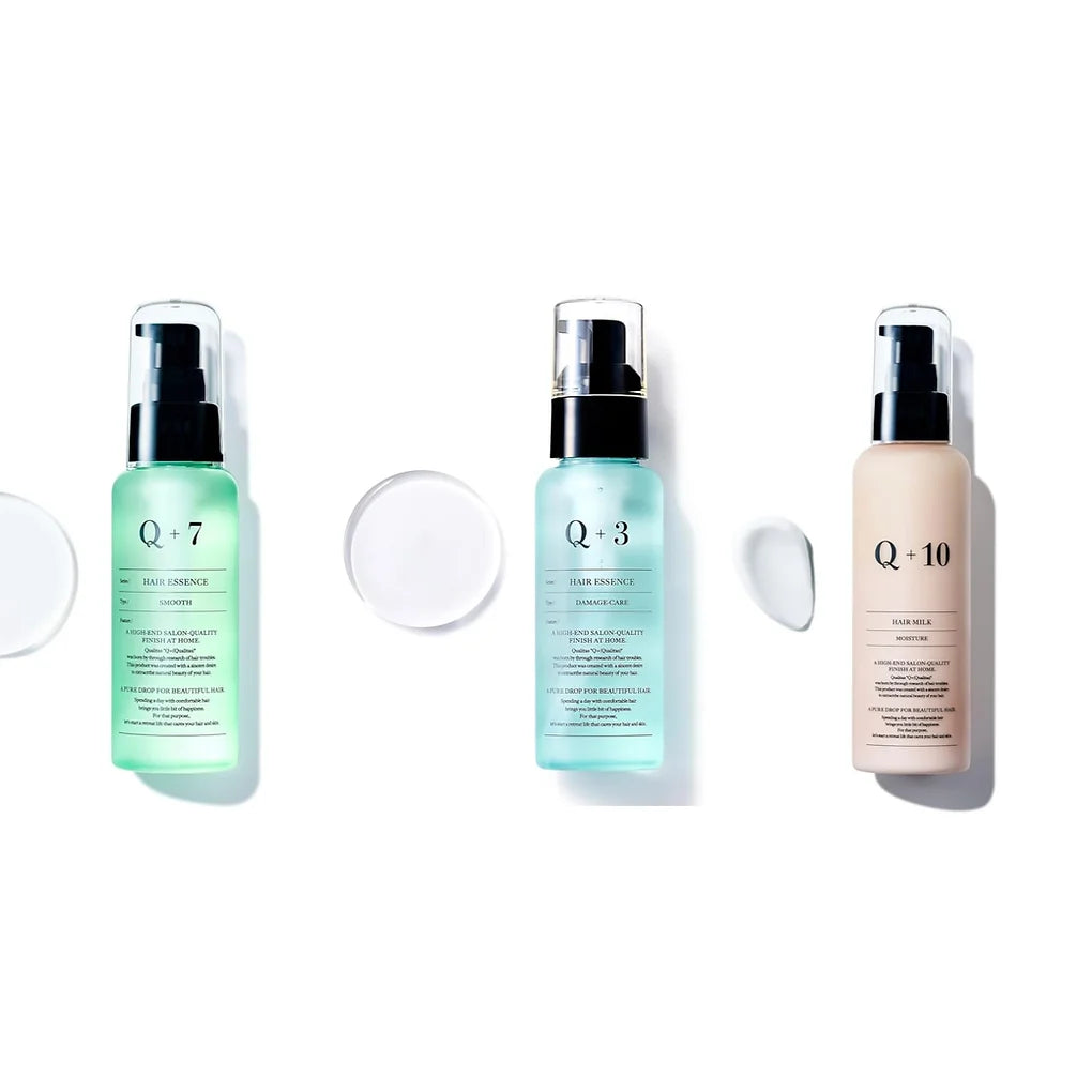 Q+ Hair Oil is a lightweight, non-sticky hair essence designed to smooth hair, control static, and improve overall manageability. 