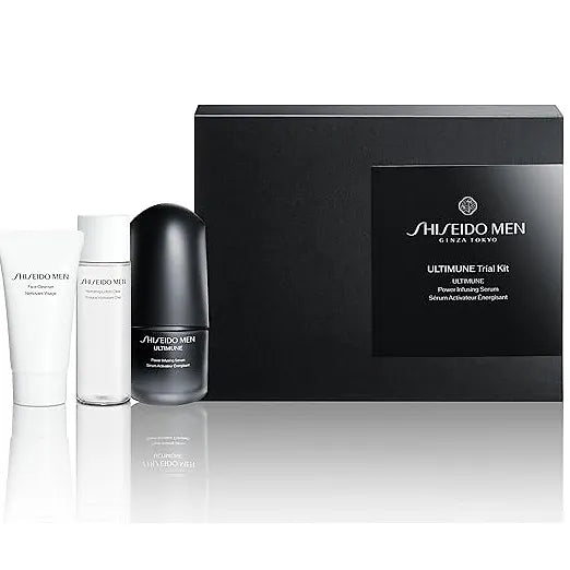 The SHISEIDO MEN Ultimune Trial Kit is a complete 3-step skincare set designed specifically for men’s skin.
