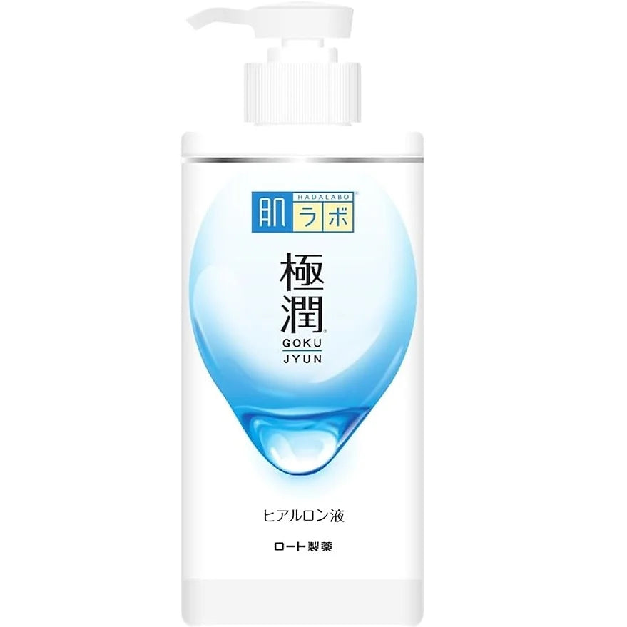 Hadalabo Gokujun Hyaluronic Lotion (Large Capacity Pump Type) is a best-selling Japanese moisturizing toner enriched with four types of hyaluronic acid, including super hyaluronic acid and nano hyaluronic acid, to deliver multi-layer hydration. 