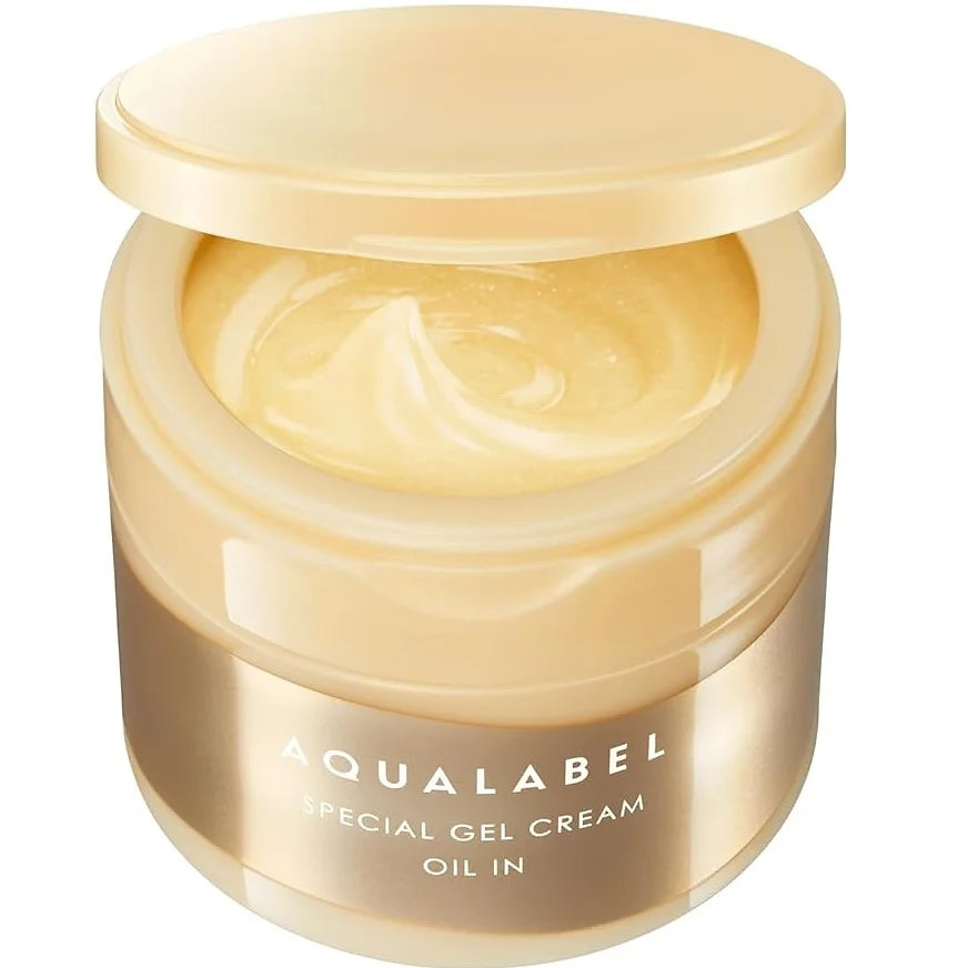 The Aqua Label Special Gel Cream (Aging Care – Oil In) is a luxurious 5-in-1 all-in-one gel that combines the benefits of lotion, emulsion, cream, serum, and mask in a single step. 