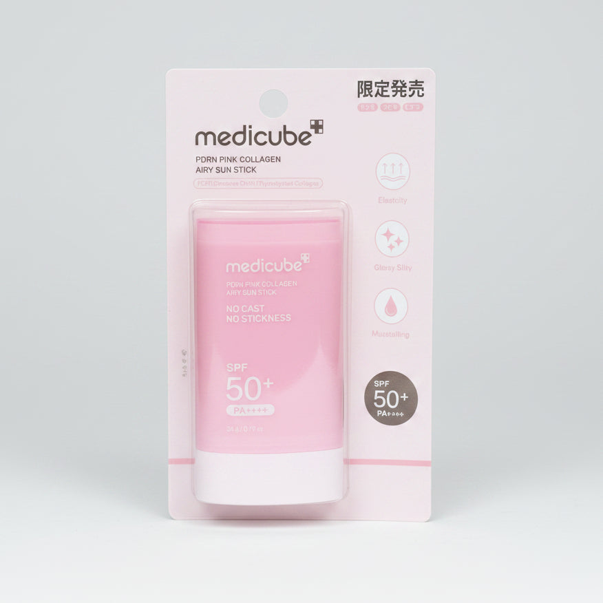 Pink sun stick with Medicube packaging on a white background